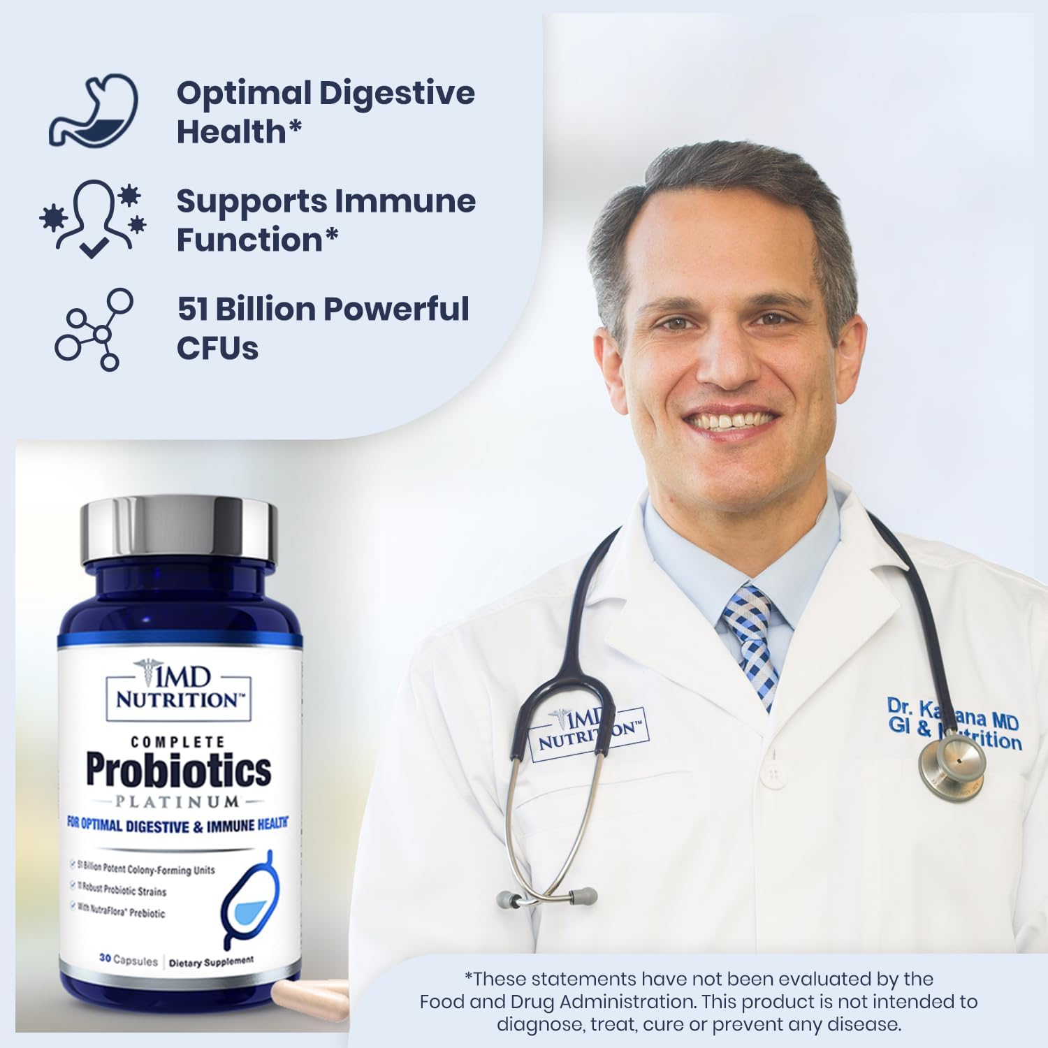 1MD Nutrition Complete Probiotics Platinum - w/Prebiotics and Probiotics for Digestive Health - Probiotic Supplement for Women &amp; Men - More Than 50 Billion Live CFU 11 Strains Dairy-Free - 30 Caps