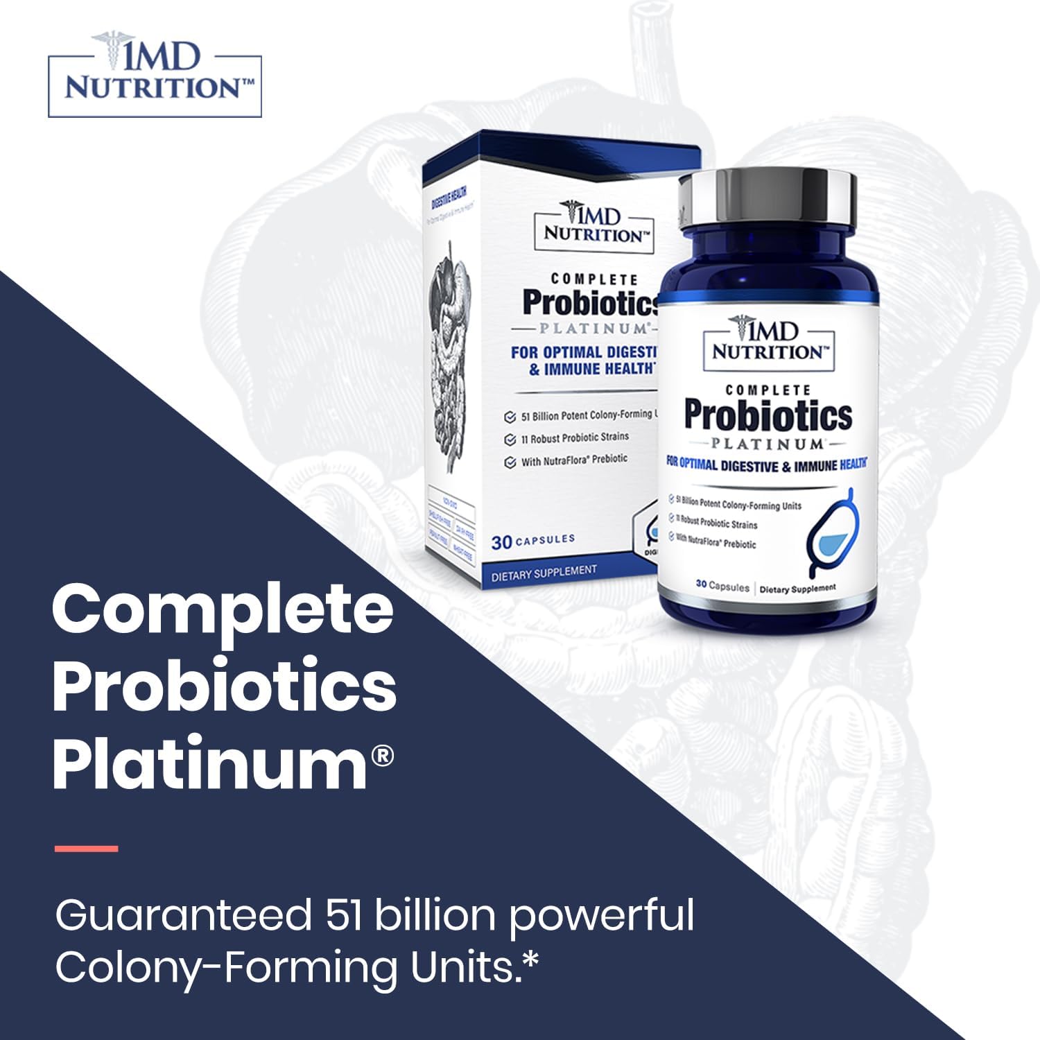 1MD Nutrition Complete Probiotics Platinum - w/Prebiotics and Probiotics for Digestive Health - Probiotic Supplement for Women &amp; Men - More Than 50 Billion Live CFU 11 Strains Dairy-Free - 30 Caps