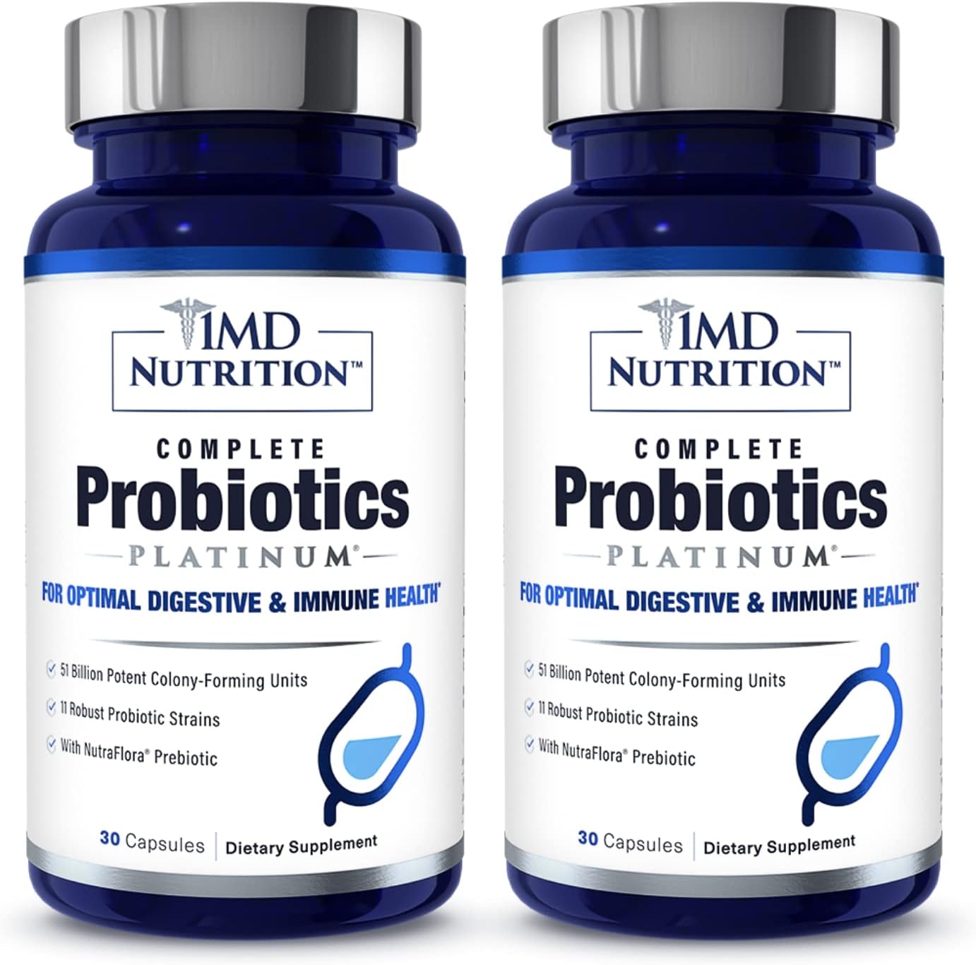 1MD Nutrition Complete Probiotics Platinum - w/Prebiotics and Probiotics for Digestive Health - Probiotic Supplement for Women &amp; Men - More Than 50 Billion Live CFU 11 Strains Dairy-Free - 30 Caps