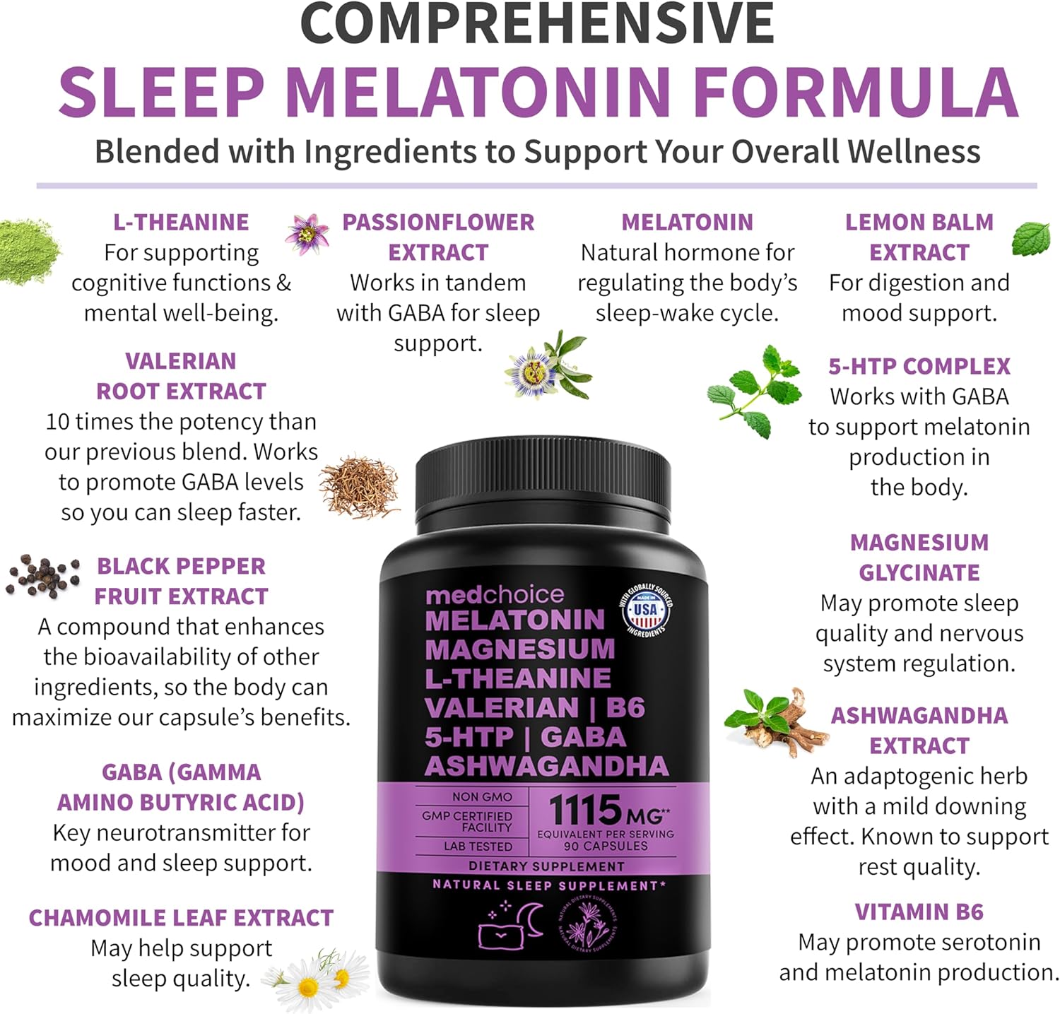12-in-1 Melatonin Sleep Capsules - Natural Sleep Aids for Adults with Melatonin 5mg and Magnesium Glycinate 500mg, Sleep Aid with Ashwagandha, L Theanine, Valerian Root, GABA, 5-HTP (90ct, Pack of 1)