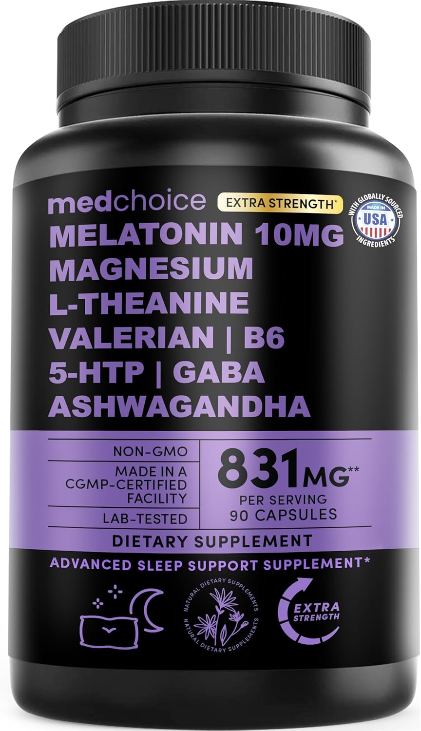 12-in-1 Melatonin Sleep Capsules - Natural Sleep Aids for Adults with Melatonin 5mg and Magnesium Glycinate 500mg, Sleep Aid with Ashwagandha, L Theanine, Valerian Root, GABA, 5-HTP (90ct, Pack of 1)