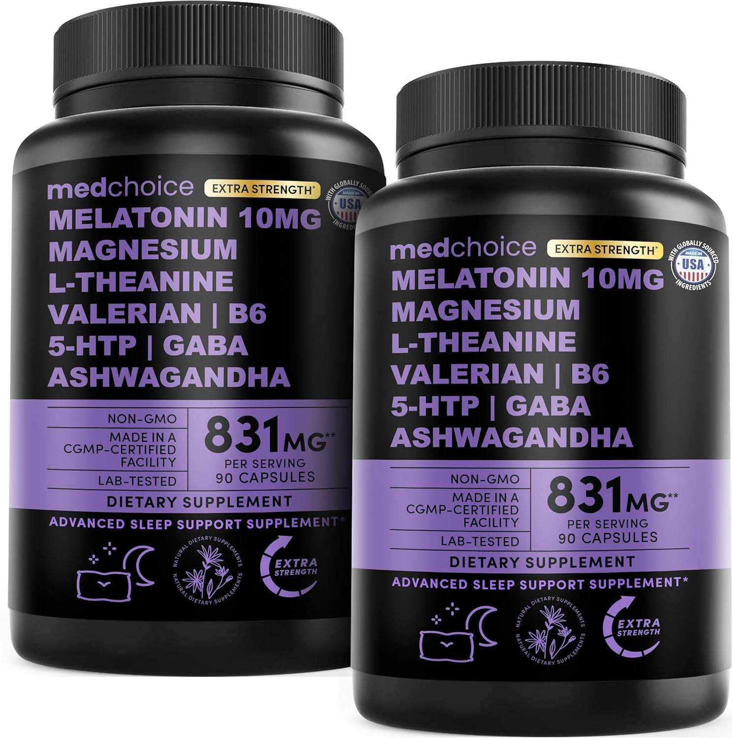 12-in-1 Melatonin Sleep Capsules - Natural Sleep Aids for Adults with Melatonin 5mg and Magnesium Glycinate 500mg, Sleep Aid with Ashwagandha, L Theanine, Valerian Root, GABA, 5-HTP (90ct, Pack of 1)