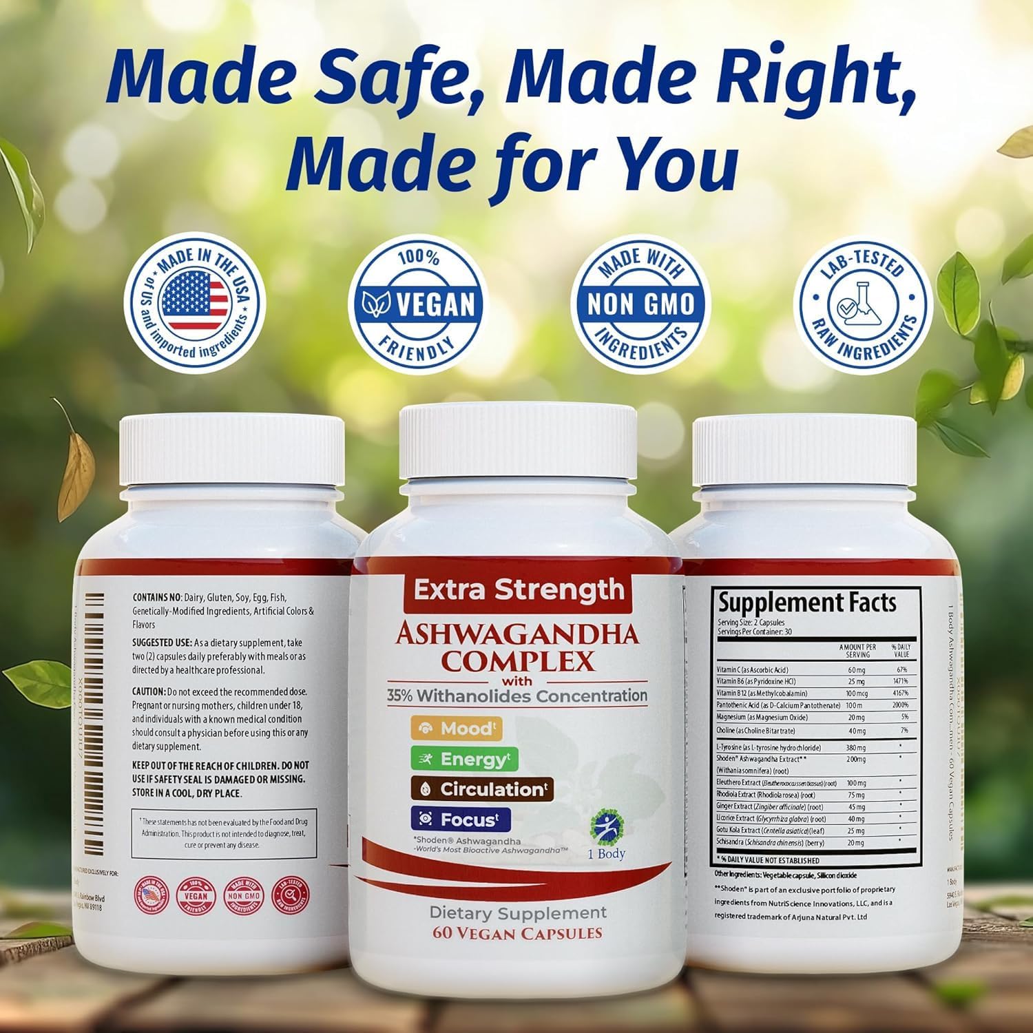 1 Body Ashwagandha Complex Supplement, Focus and Energy Support, 120 Vegan Capsules