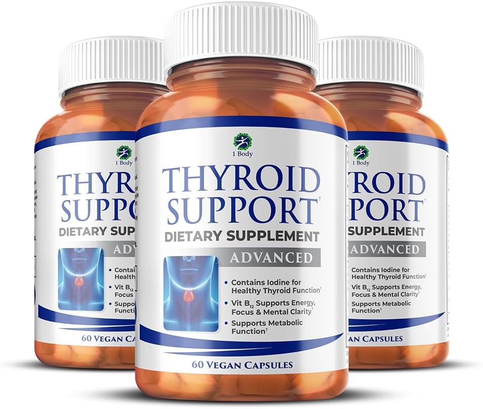 1 Body Thyroid Support Supplement with Iodine, B12, Zinc, Selenium, Ashwagandha, Non-GMO, Vegetarian, 30 Day Supply