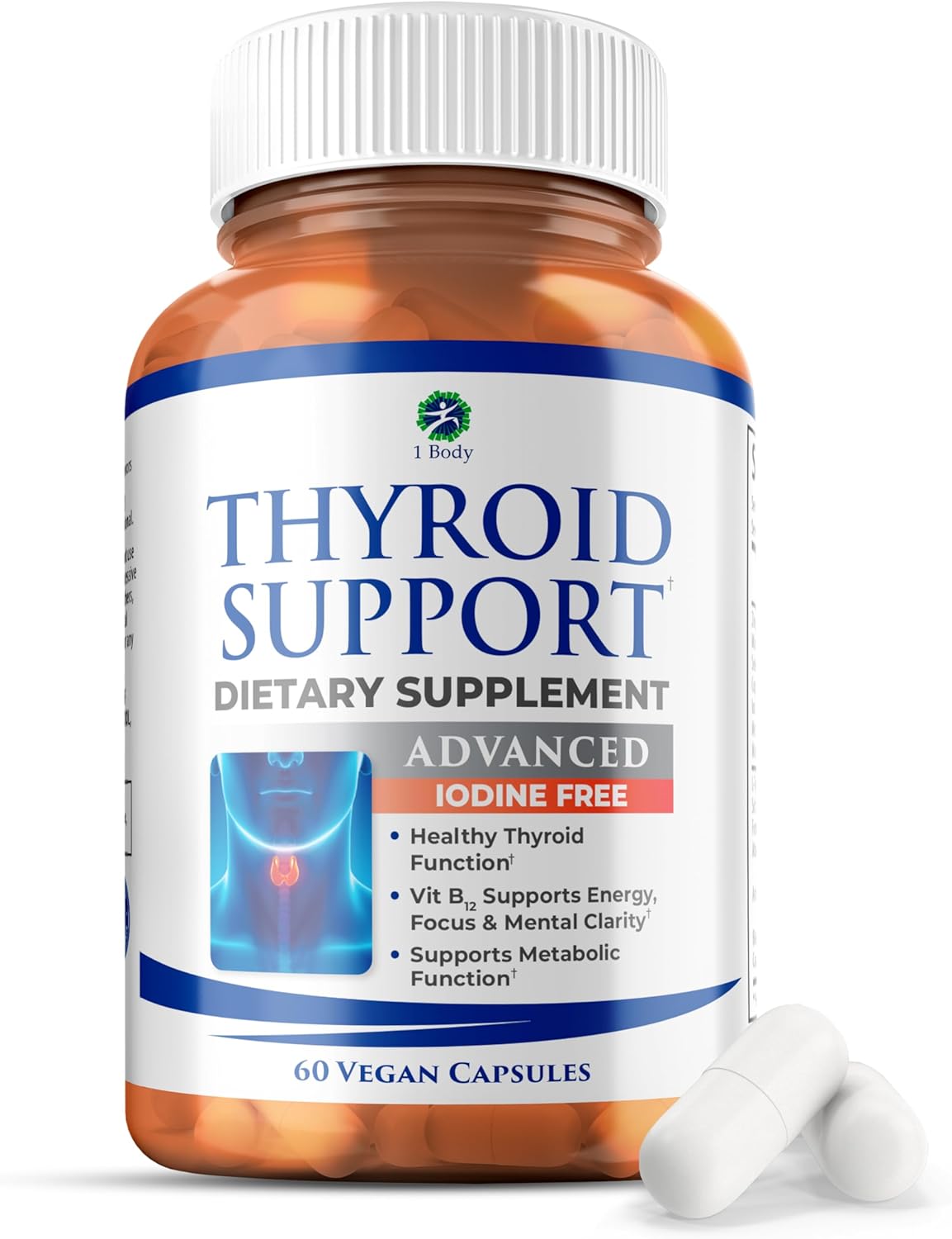 1 Body Thyroid Support Supplement with Iodine, B12, Zinc, Selenium, Ashwagandha, Non-GMO, Vegetarian, 30 Day Supply