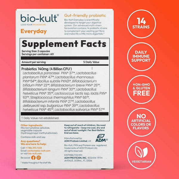 Bio-Kult Everyday Probiotics | 14 Strains | Adult Probiotic Supplement | Non-GMO, Gluten-Free | 120 Capsules