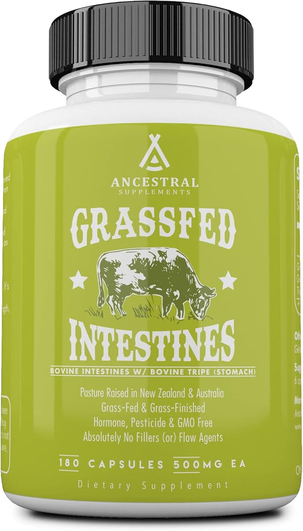 Ancestral Supplements Grass Fed Beef Pancreas Supplement, 500mg, Pancreatic Support with Proteolytic Digestive Enzymes for Digestion Support, Including Trypsin, Non GMO, 180 Capsules