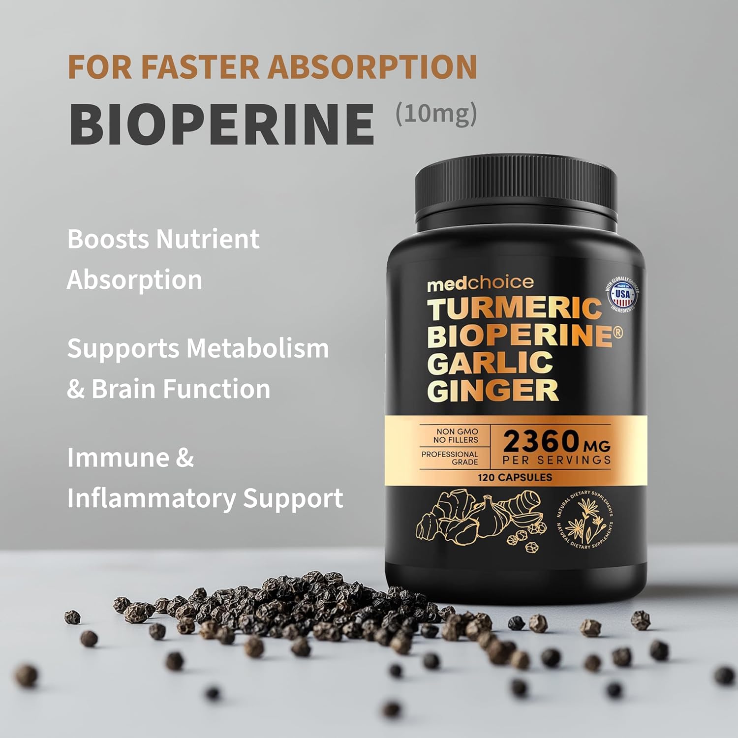 4-in-1 Turmeric and Garlic Supplements with Bioperine 2360 mg Turmeric Ginger Root Capsules with Garlic for Joint, Digestion & Immune Support (120 ct)
