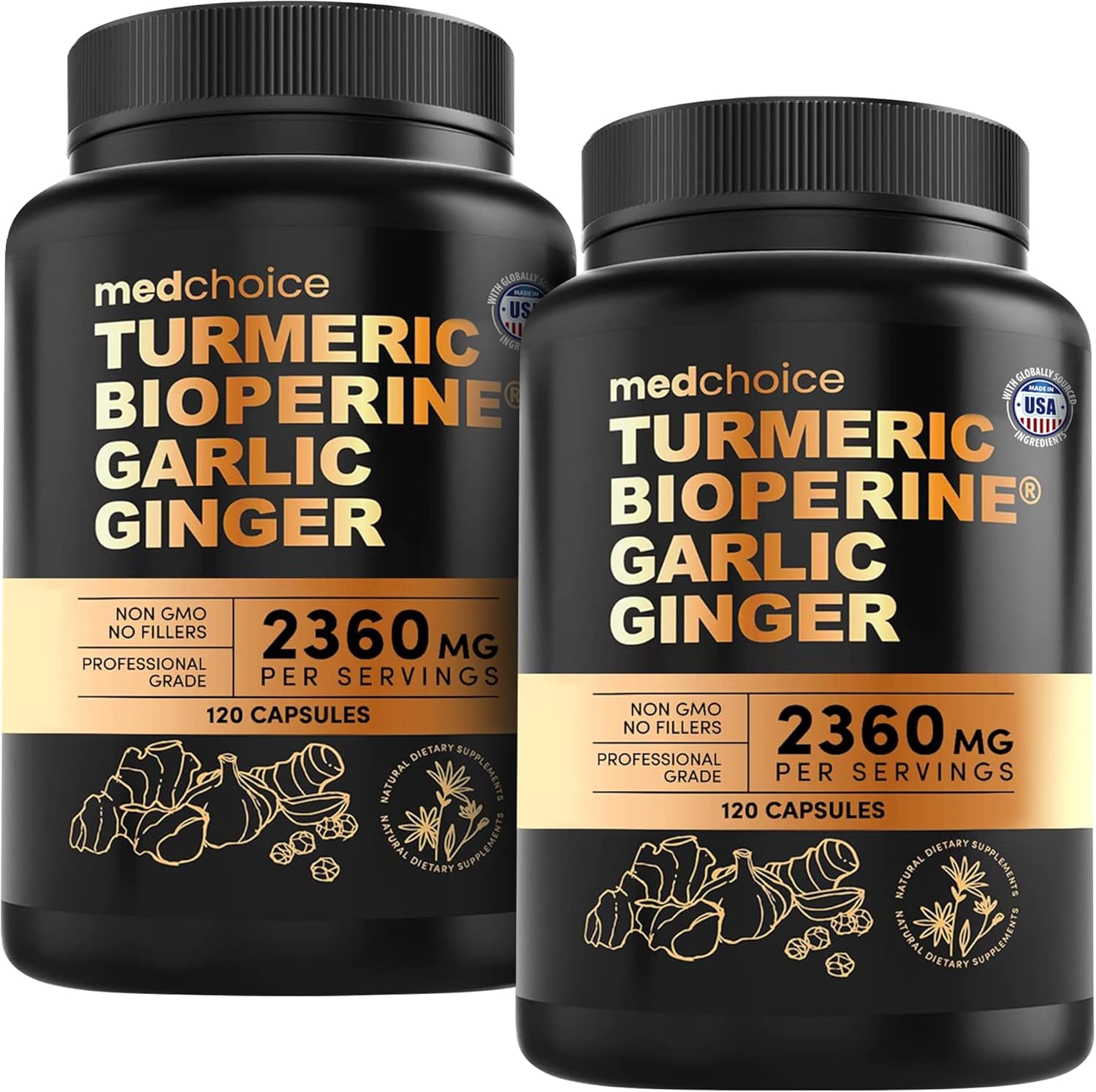 4-in-1 Turmeric and Garlic Supplements with Bioperine 2360 mg Turmeric Ginger Root Capsules with Garlic for Joint, Digestion & Immune Support (120 ct)
