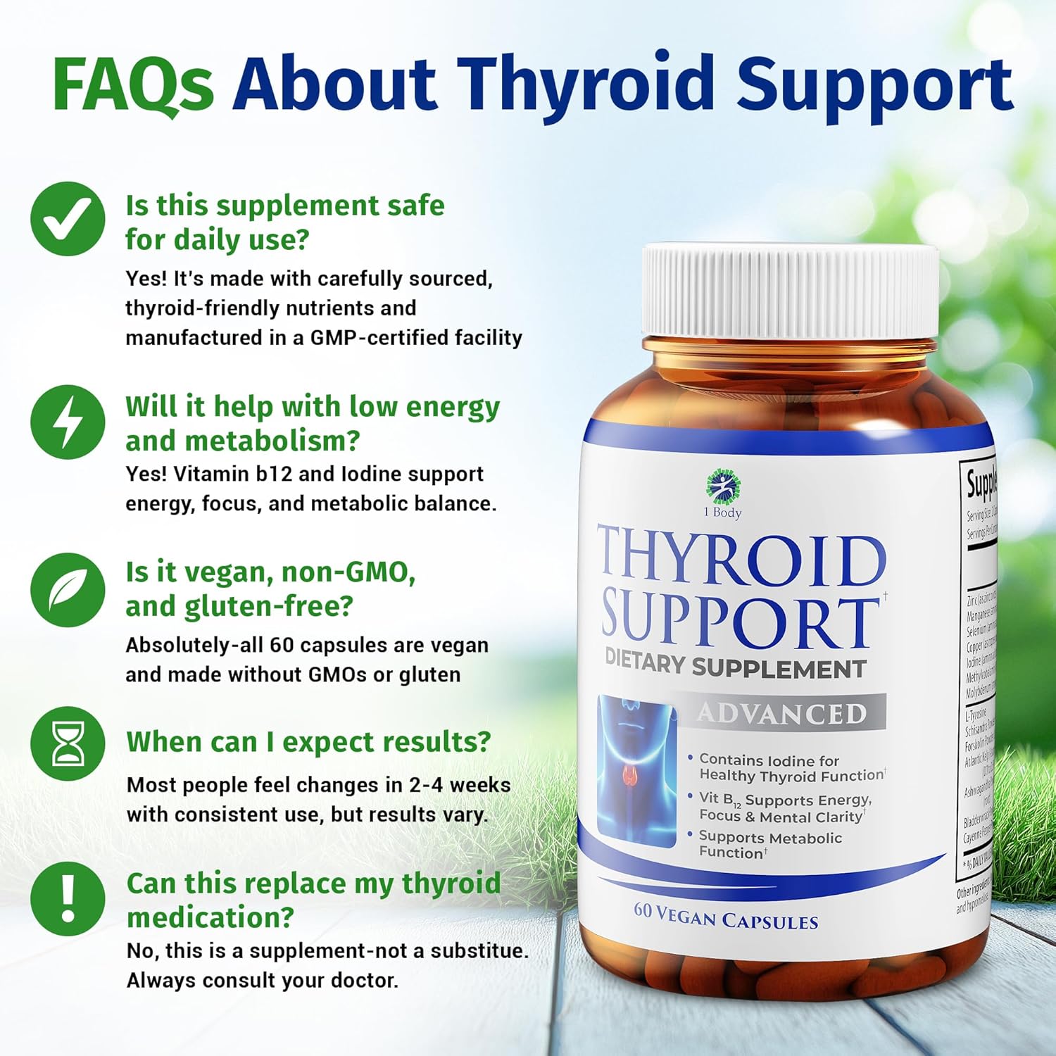 1 Body Thyroid Support Supplement with Iodine, B12, Zinc, Selenium, Ashwagandha, Non-GMO, Vegetarian, 30 Day Supply