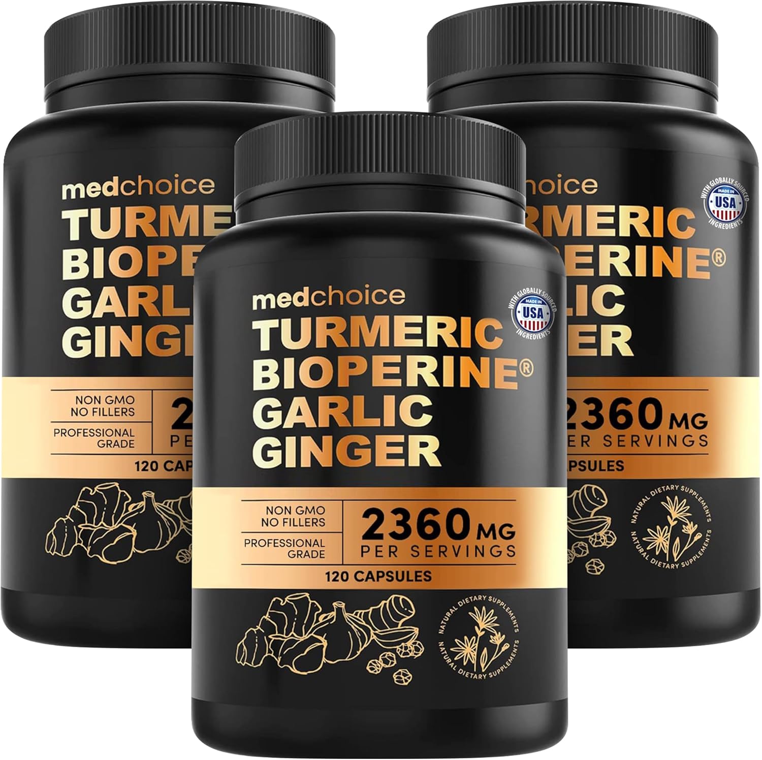 4-in-1 Turmeric and Garlic Supplements with Bioperine 2360 mg Turmeric Ginger Root Capsules with Garlic for Joint, Digestion & Immune Support (120 ct)