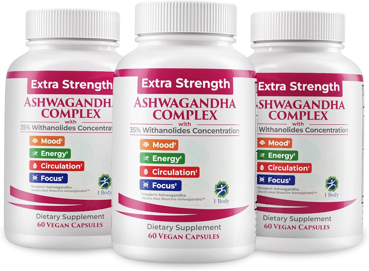 1 Body Ashwagandha Complex Supplement, Focus and Energy Support, 120 Vegan Capsules