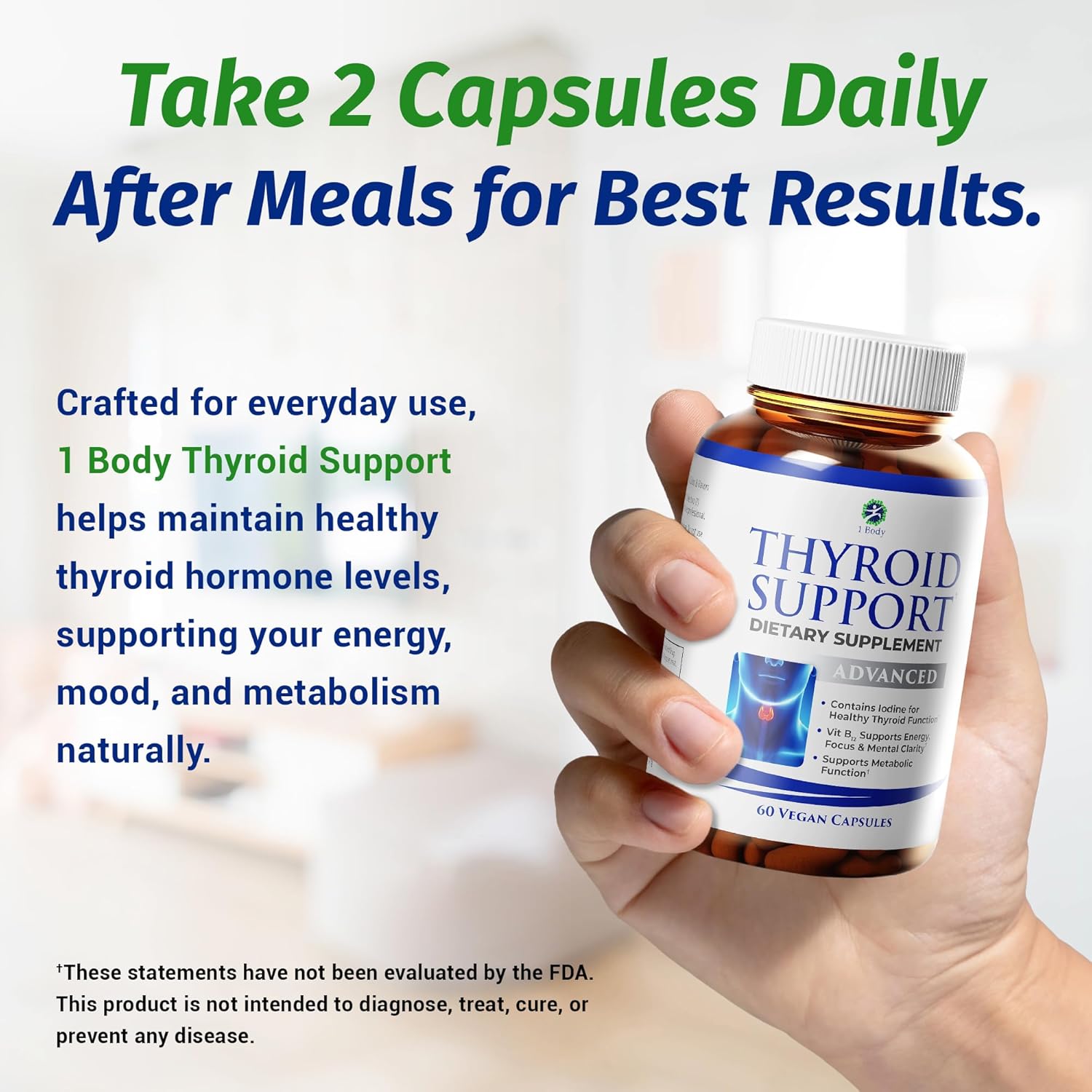 1 Body Thyroid Support Supplement with Iodine, B12, Zinc, Selenium, Ashwagandha, Non-GMO, Vegetarian, 30 Day Supply