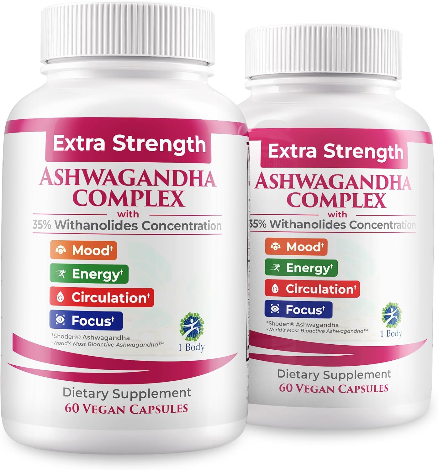 1 Body Ashwagandha Complex Supplement, Focus and Energy Support, 120 Vegan Capsules