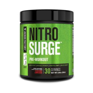 Jacked Factory NITROSURGE Pre Workout Supplement - Endless Energy, Instant Strength Gains, Clear Focus and Intense Pumps - NO Booster &amp; Powerful Preworkout Energy Powder - 30 Servings, Black Cherry