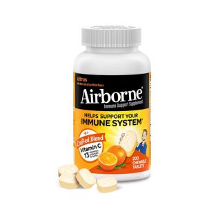 Airborne 1000mg Chewable Tablets with Zinc, Immune Support Supplement with Powerful Antioxidants Vitamins A C &amp; E - 200 Tablets, Citrus Flavor