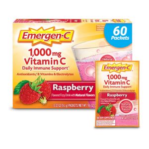 Emergen-C 1000mg Vitamin C Powder, with Antioxidants, B Vitamins and Electrolytes, Vitamin C Supplements for Immune Support, Caffeine Free Drink Mix, Raspberry Flavor - 60 Count/2 Month Supply