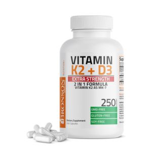 Bronson Vitamin K2 (MK7) with D3 Extra Strength Supplement Bone and Heart Health Non-GMO Formula 10,000 IU Vitamin D3 &amp; 120 mcg Vitamin K2 MK-7 Easy to Swallow Vitamin D &amp; K, 250 Capsules