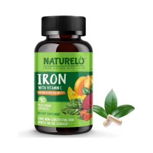 NATURELO Vegan Iron Supplement with Vitamin C and Organic Whole Foods - Gentle Iron Pills for Women &amp; Men with Iron Deficiency Including Pregnancy, Anemia and Vegan Diets - 180 Mini Capsules