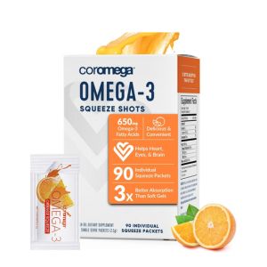 Coromega Omega 3 Fish Oil Supplement, 650mg of Omega-3s with 3X Better Absorption Than Softgels, Orange Flavor, 90 Single Serve Squeeze Packets