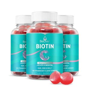 BeLive Biotin Gummies - Skin, Nails &amp; Hair Vitamins with A, C, D, E, B12, Zinc, Folate &amp; Inositol, Biotin Supplement for Anti-Aging, Energy &amp; Collagen Boost, Multivitamin Gummies - Strawberry | 3-Pack