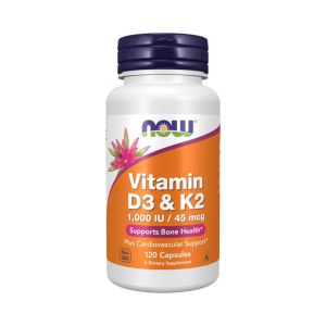 NOW Supplements, Vitamin D-3 &amp; K-2, 1,000 IU/45 mcg,Plus Cardiovascular Support*, Supports Bone Health*, 120 veg Capsules