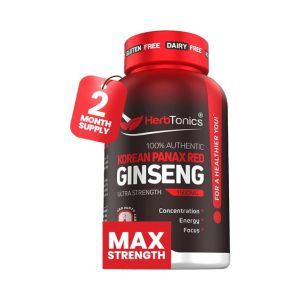 Herbtonics Korean Red Panax Ginseng 1500mg - Energy Supplement for Peak Performance, Focus &amp; Vitality - High Potency Ginseng Root Extract - 120 Vegan Capsules