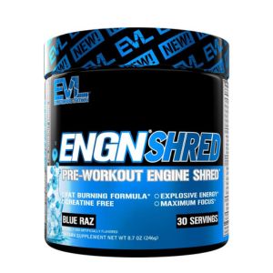 EVL Ultimate Pre Workout Powder - Thermogenic Fat Burn Support Preworkout Powder Drink for Lasting Energy Focus and Stamina - ENGN Shred Intense Creatine Free Preworkout Drink Mix - Blue Raz