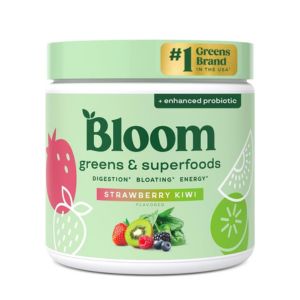 Bloom Nutrition Greens and Superfoods Powder for Digestive Health, Greens Powder, Digestive Enzymes, Probiotics, Spirulina, Chlorella for Bloating &amp; Gut Support, Green Juice, 30 SVG, Strawberry Kiwi
