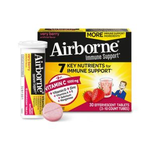 Airborne 1000mg Vitamin C with Vitamin D &amp; Zinc, Sugar Free Multivitamin Immune Support Supplement, Antioxidants Vitamins A C &amp; Vitamin E, 30 Effervescent Tablets, Very Berry Flavor