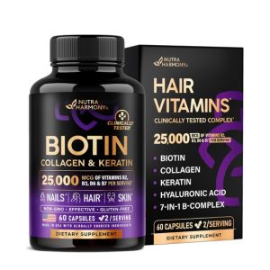 Biotin | Collagen | Keratin - Clinically Tested Supplement - Hair Growth Support, Skin &amp; Nails - 25000 mcg Vitamins B2, B3, B6 &amp; B7 + B1 &amp; Hyaluronic Acid - Made in USA - Women &amp; Men | 60 Capsules
