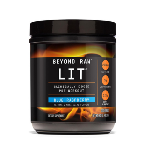 BEYOND RAW LIT Pre Workout Powder Supplement for Men and Women, Energy, Focus, Endurance, Pumps, Nitric Oxide Boost, 250mg Caffeine, Creatine, Beta Alanine, Blue Raspberry 30 Servings