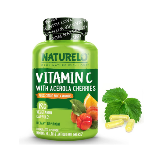 NATURELO Vitamin C with Organic Acerola Cherry Extract and Citrus Bioflavonoids - Vegan Supplement - Immune Support - 500 mg VIT C per Cap - Non-GMO - 180 Capsules