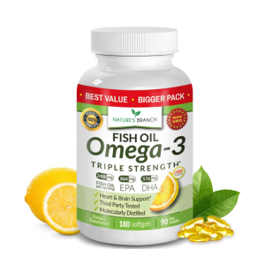 Best Triple Strength Omega 3 Fish Oil Pills - 180 Capsules - 2400mg High Potency Burpless Lemon Flavor 864mg EPA 576mg DHA Ultra Pure Liquid Softgels for Brain Joints Eyes Heart Health Supplement