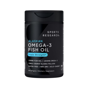 Sports Research Triple Strength Omega 3 Fish Oil - Burpless Fish Oil Supplement w/EPA & DHA Fatty Acids from Single-Source Wild Alaskan Pollock - 1250 mg, 90 ct