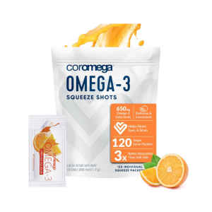 Coromega Omega 3 Fish Oil Supplement, 650mg of Omega-3s with 3X Better Absorption Than Softgels, Orange Flavor, 90 Single Serve Squeeze Packets