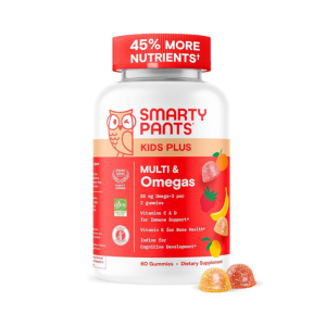 SmartyPants Kids Multivitamin Gummies - Improved Formula: Omega 3 (DHA/EPA), Vitamins D3, C, B12, B6, Vitamin A, K & Zinc, Gluten Free, Three Fruit Flavors, 60 Count (30 Day Supply)